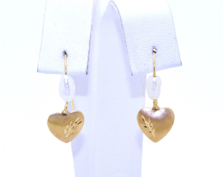 14K Yellow Gold Pearl Heart Earrings 42001714 | Shin Brothers*