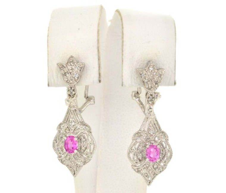 14K White Gold Pink Sapphire / Diamond Hanging Earrings 42001653 | Shin Brothers*