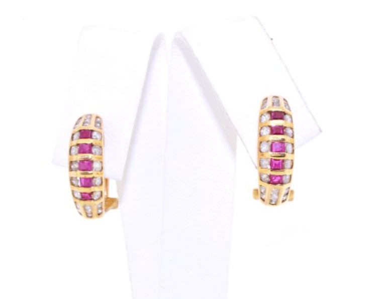 14K Yellow Gold 0.5ct Diamond/Ruby Omega Back Earrings 42000039 | Shin Brothers*