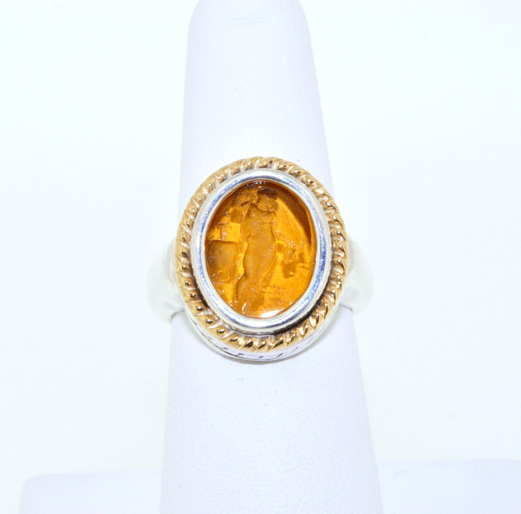  Sterling Silver Hand Engraved Citrine Ring w/ 18K Yellow Gold Border 12002008