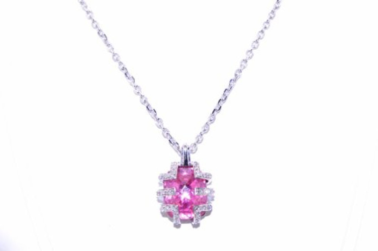 52000909  14K White Gold Pink Stone Diamond Pendant With 16" Chain