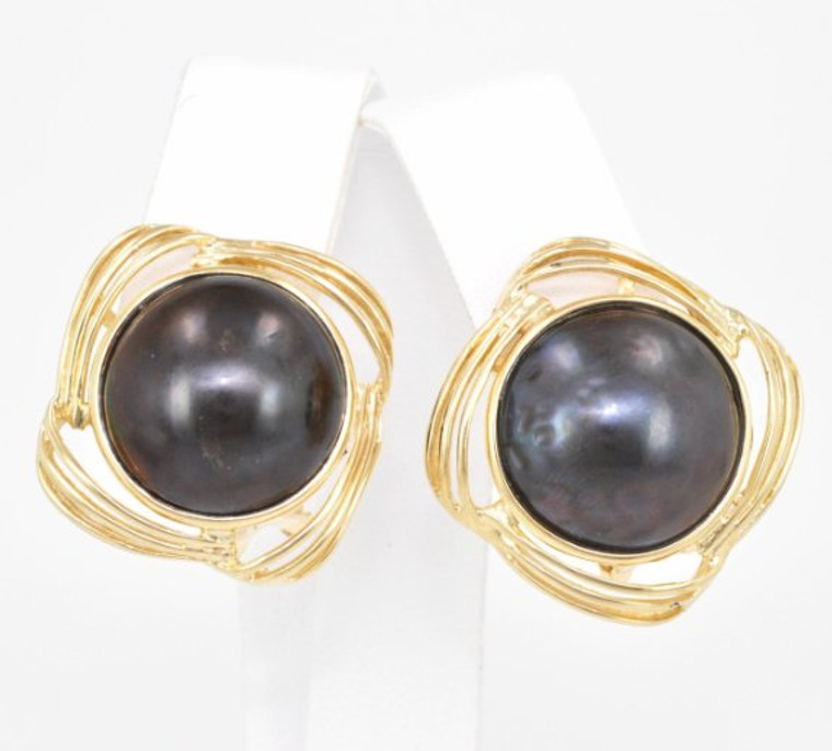  14K Yellow Gold Black Pearl French Back Earrings 42001869 | Shin Brothers* 