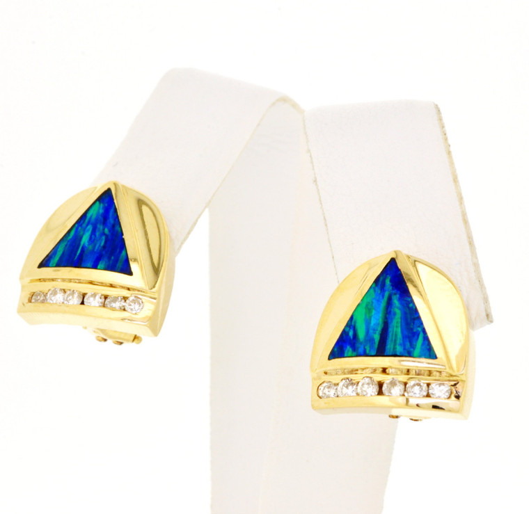 14K Yellow Gold Bolder Opal Diamond Omega Back Earrings 42000032 | Shin Brothers* 