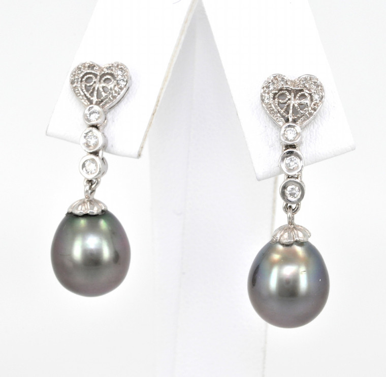 14K White Gold Diamond Hearts and Dangling Black Pearl Earrings 42000004 | Shin Brothers*