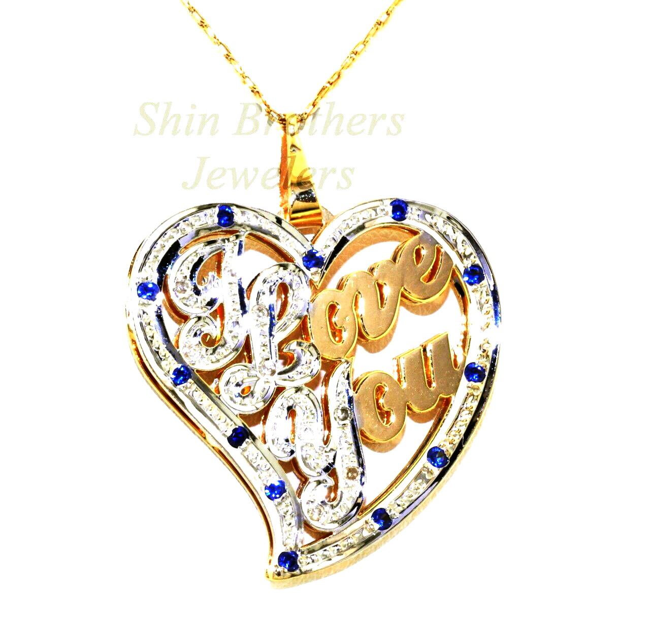 14K Two Tone Gold Sapphire Diamond "I Love You" Heart Pendant 52001543 | Shin Brothers*