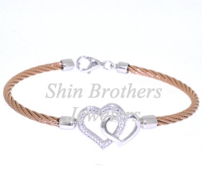 Silver & Pink Stainless 7" CZ Hearts Bangle 82010399
