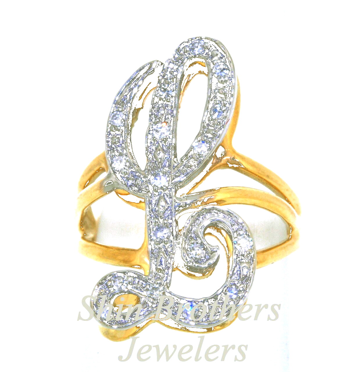 14k White And Yellow Gold Diamond L Initial Ring Shin Brothers