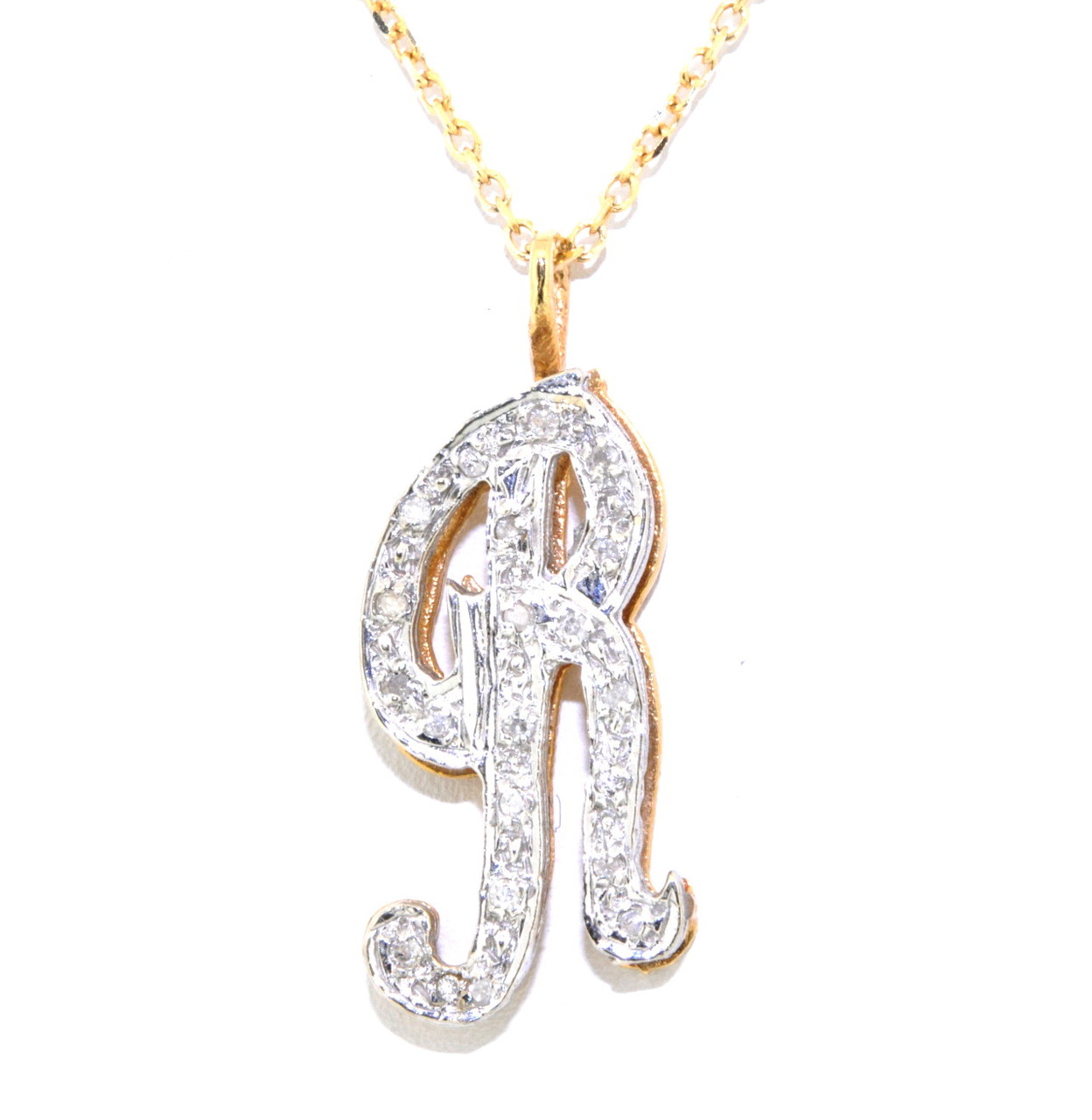 14K Two Tone Gold Diamond "R" Initial Pendant 51000549