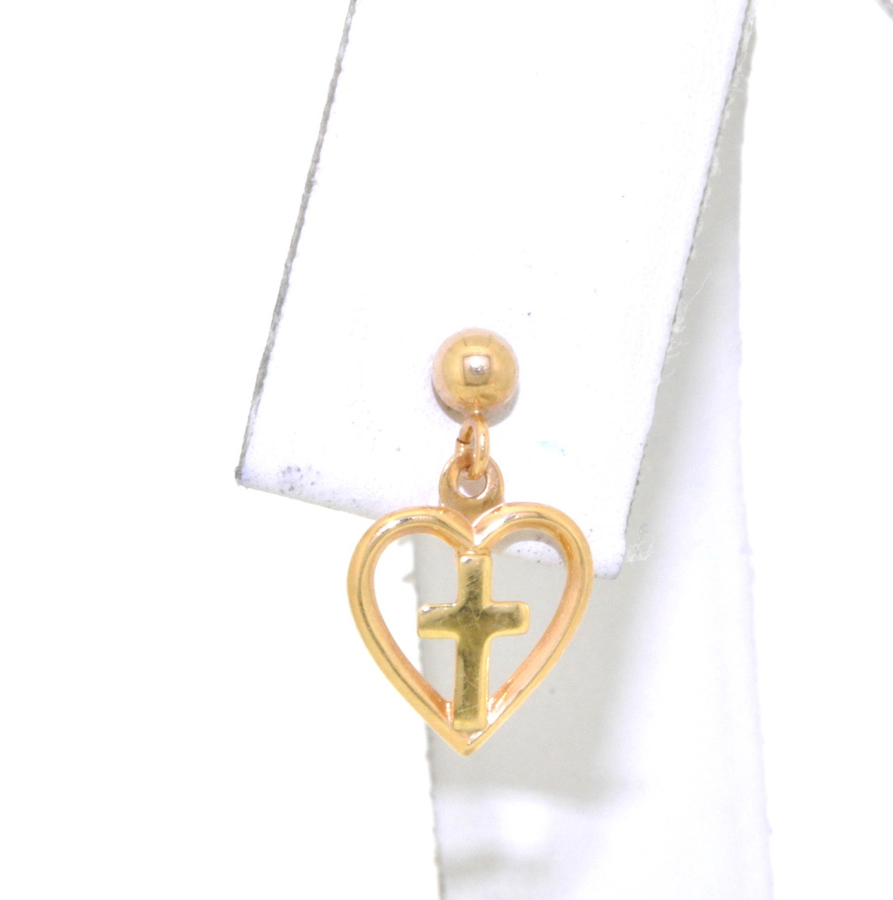 14K Yellow Gold Single Cross-In-Heart  Dangle Earring 40001924