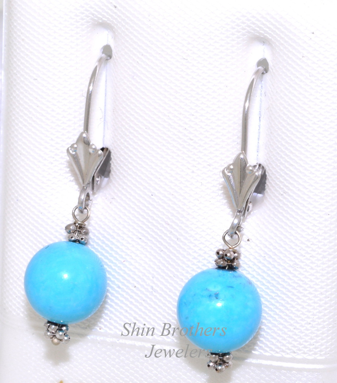 14K White Gold Turquoise Lever back hanging Earrings  | Shin Brothers** 42002521 14K White Gold Turquoise Lever back hanging Earrings  | Shin Brothers** 42002521