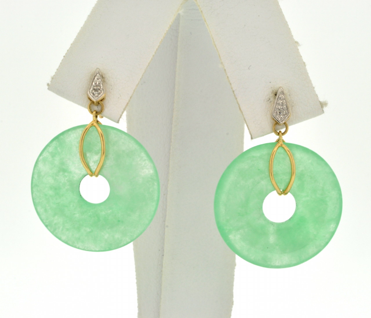 14K Two Tone Gold Circle Jade Drop Earrings 42002589 | Shin Brothers*