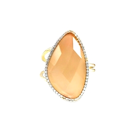Gold Plated Sterling Silver Peach Cat's Eye Semi Precious Faceted Stone Ring With CZ Border 81010486