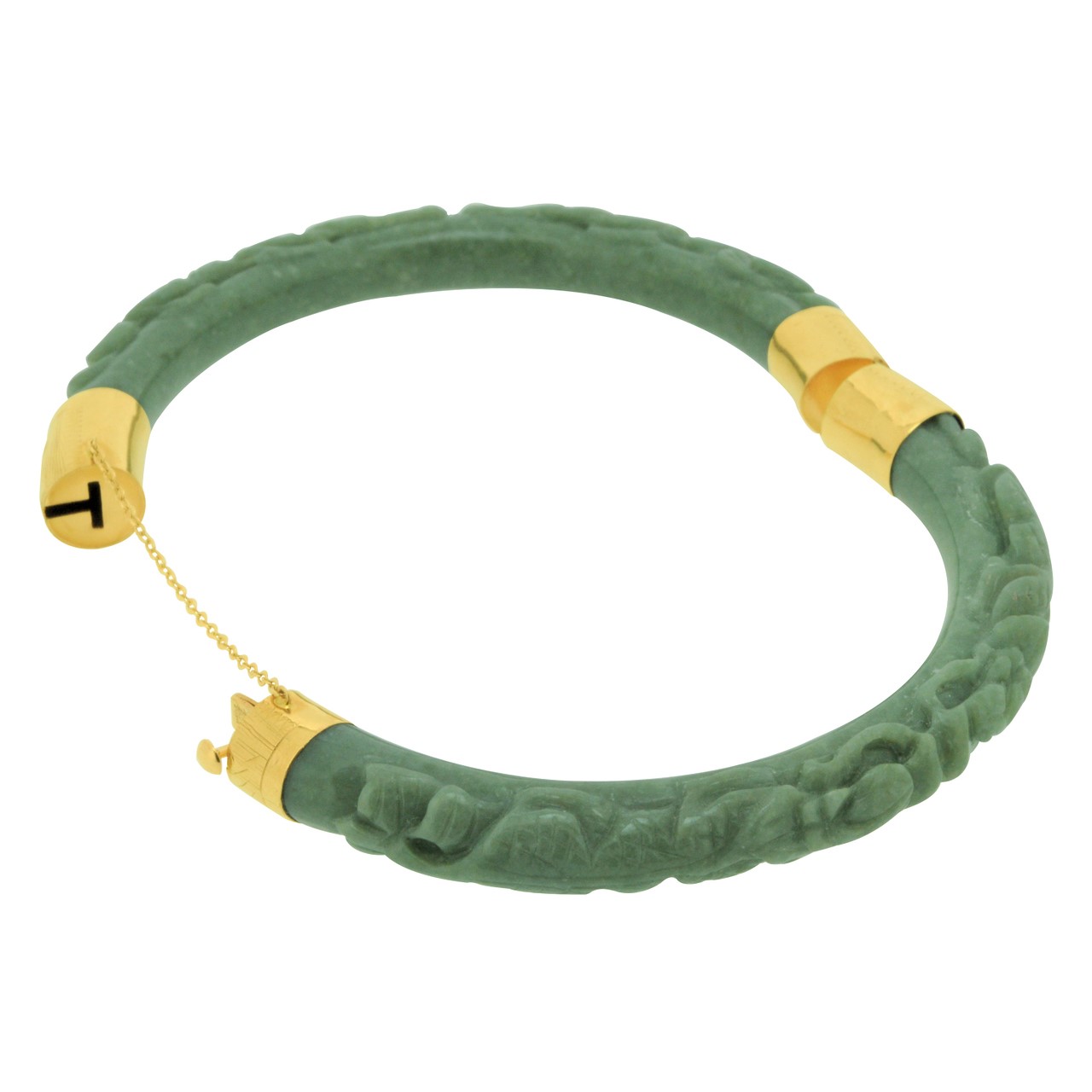 14K Yellow Gold Carved Green Jade Bangle | Shin Brothers Jewelers Inc. 14K Yellow Gold Carved Green Jade Bangle | Shin Brothers Jewelers Inc.