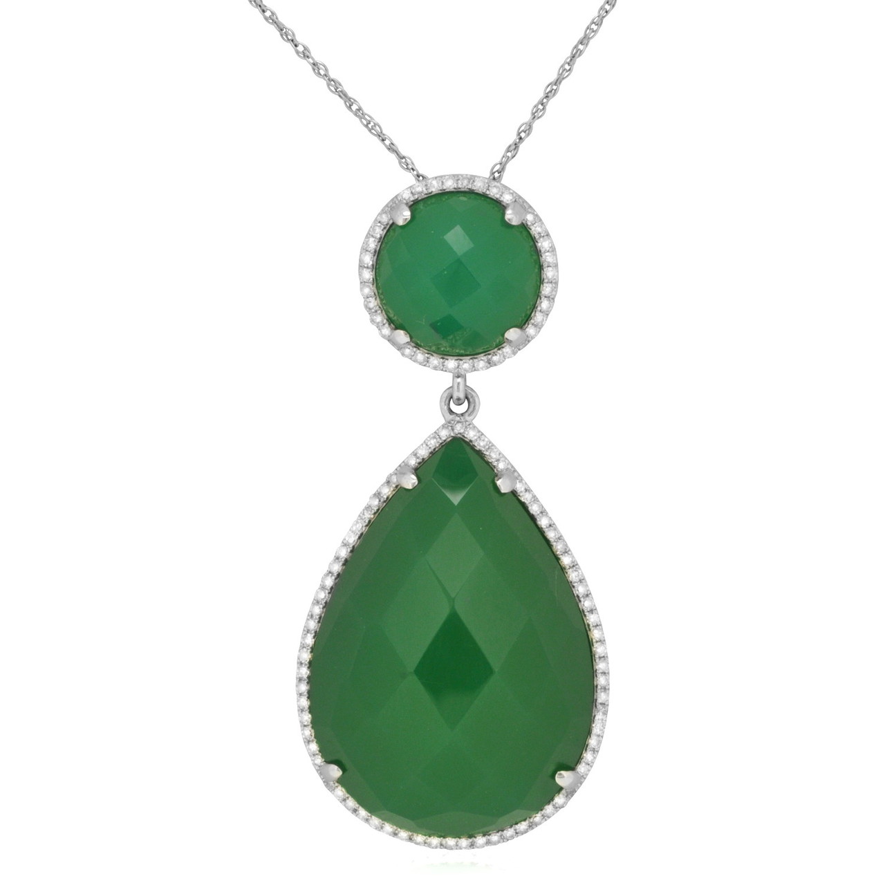 14K White Gold Green Agate / Diamond Dangling 16" Necklace 52001855 | Shin Brothers*