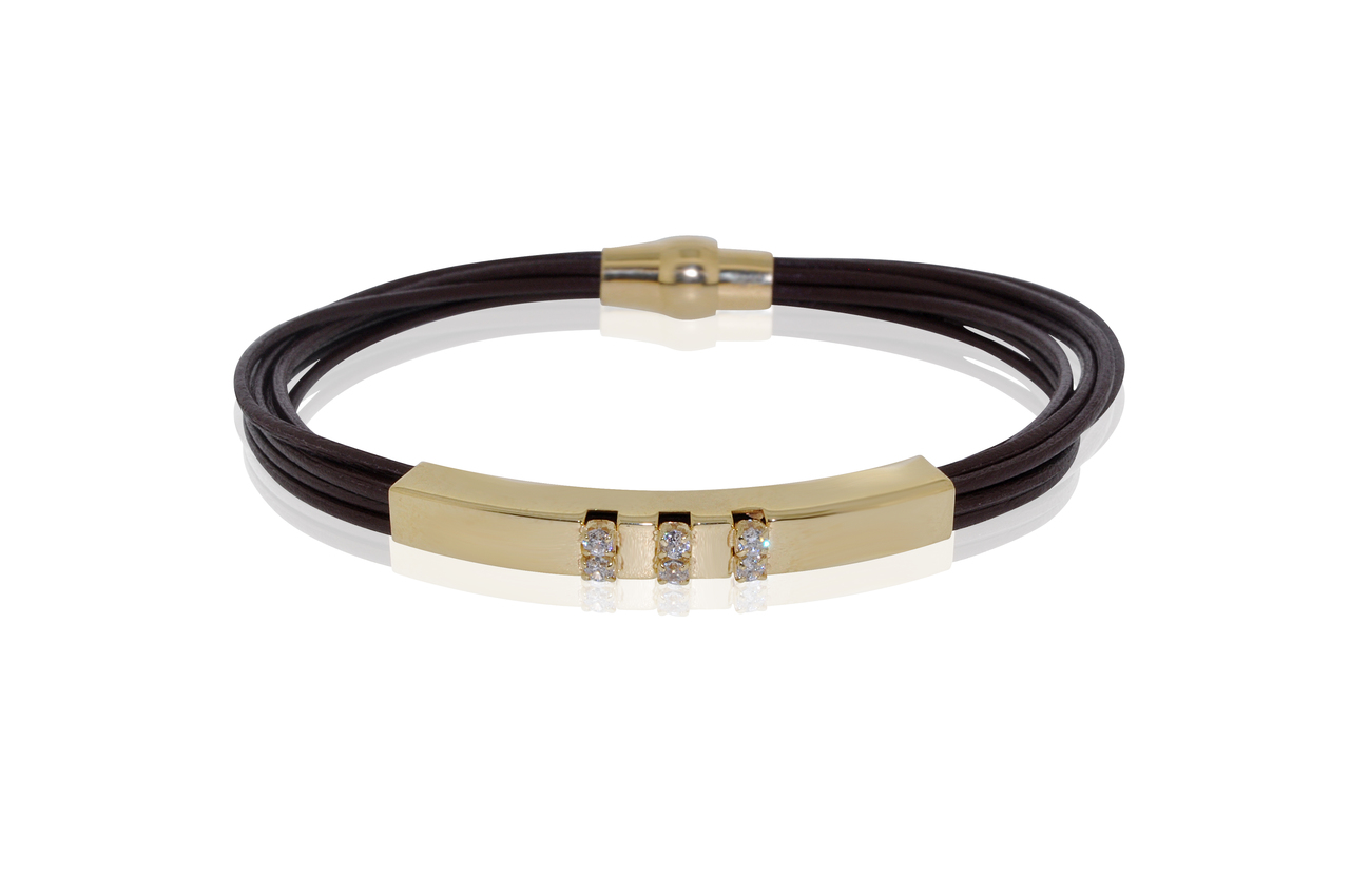 Magnet Lock Leather CZ Set With Silver Gold Overlay Bracelet by Shin Brothers Jewelers Inc. 