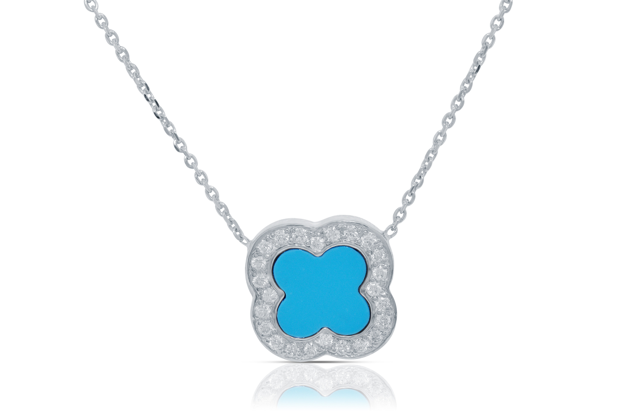 14k White Gold 18" Diamond And Turquoise Four Leaf Clover Necklace By Shin Brothers Jewelers Inc.