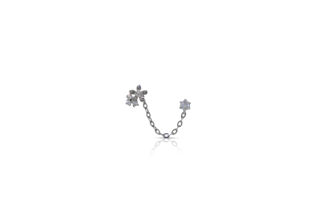 One Single 14K White Gold CZ Double Pierced Flowers Earring 42002737 By Shin Brothers*