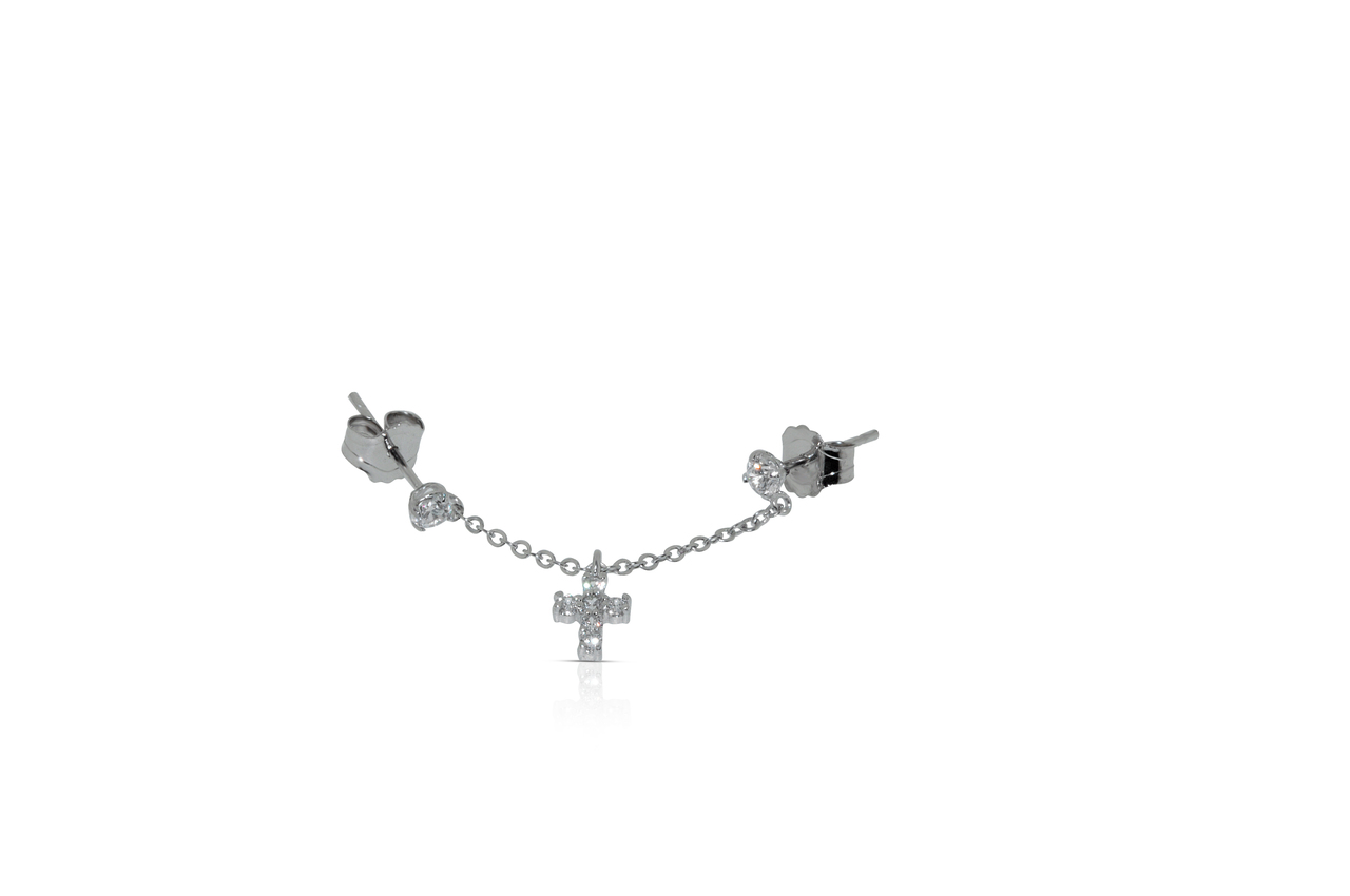 One Single 14K White Gold CZ Double Pierced Cross Earring By Shin Brothers * One Single 14K White Gold CZ Double Pierced Cross Earring By Shin Brothers *