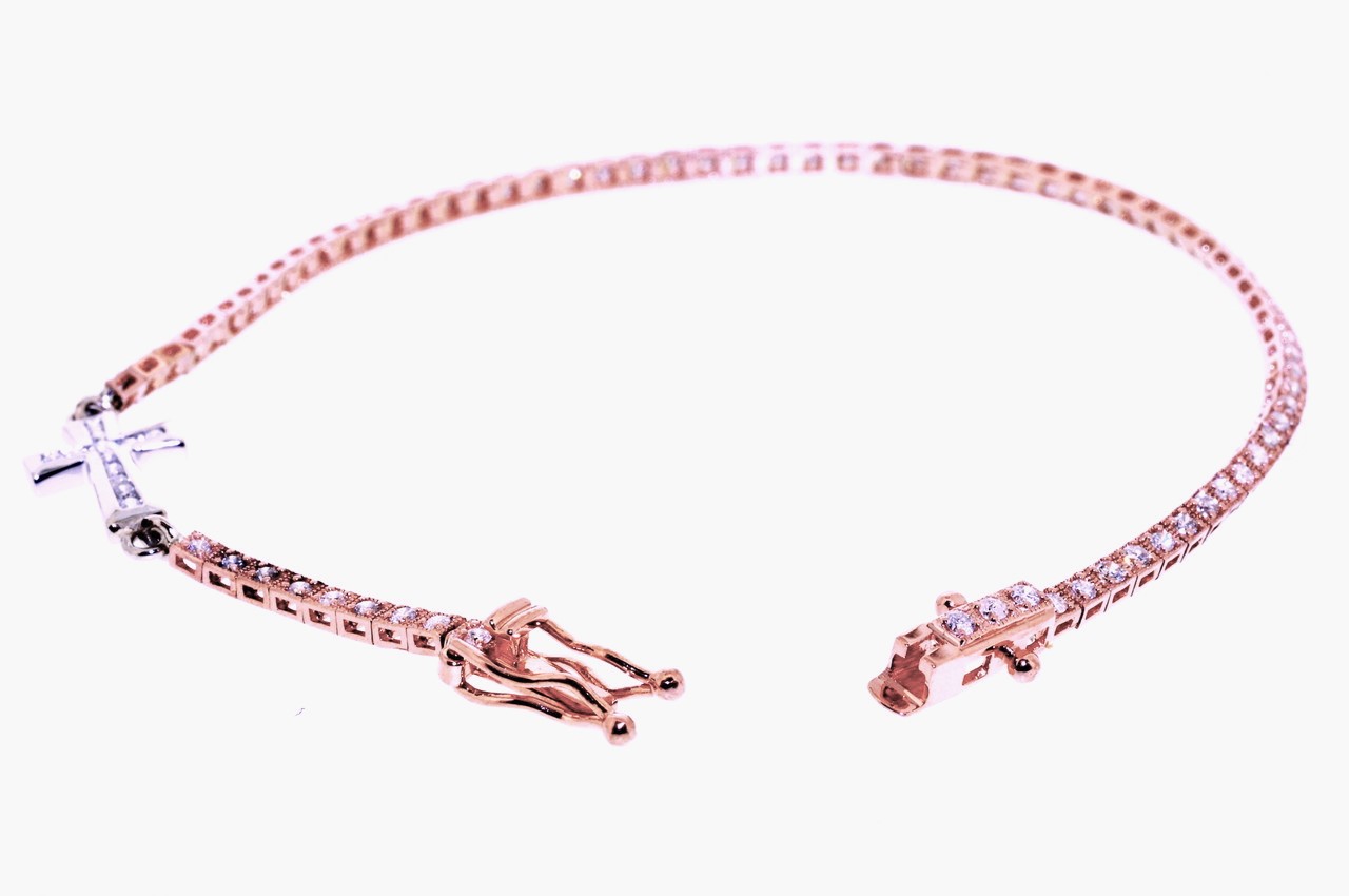 14K Pink Gold 7.25" Diamond Bracelet With Cross | Shin Brothers*