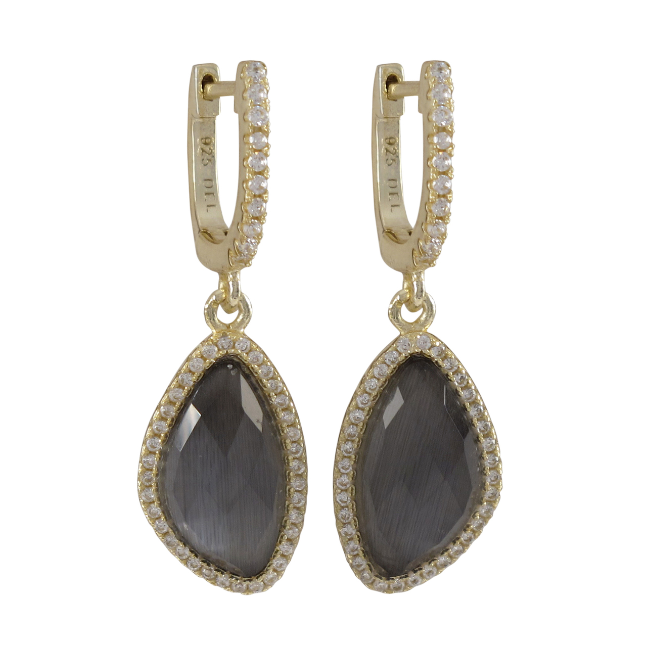 Gold Plated Sterling Silver Cats Eye Faceted Stone CZ Earrings Gold Plated Sterling Silver Cats Eye Faceted Stone CZ Earrings