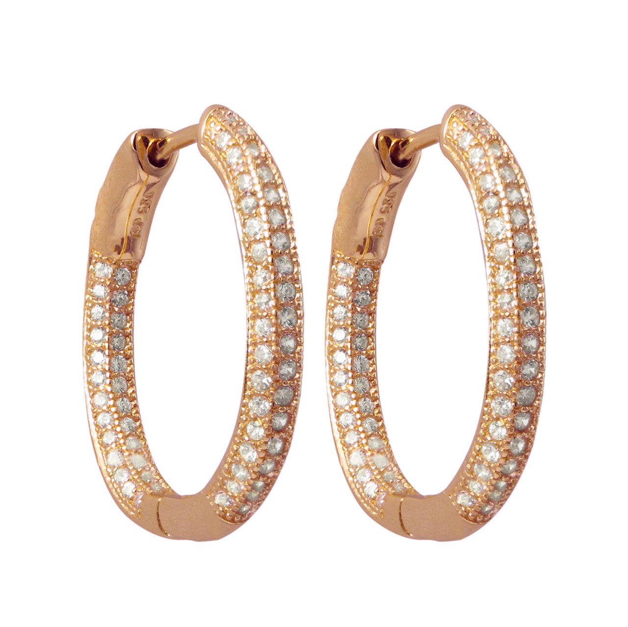 Rose Plated Sterling  Silver Pave CZ Hoops With Hinge Lock 84010592