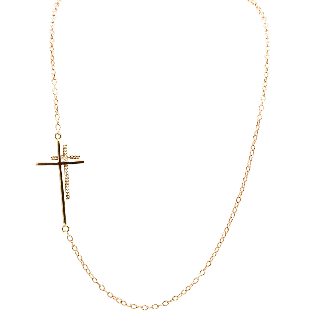 14K Pink Gold Diamond Double Cross Necklace 31000916 | Shin Brothers*
