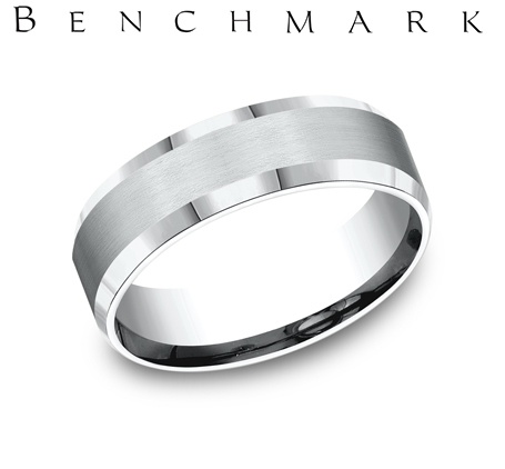 14k White Gold 7mm Comfort-Fit Satin-Finish w/ High Polish Beveled Edge Carved Design Band | Shin Brothers**