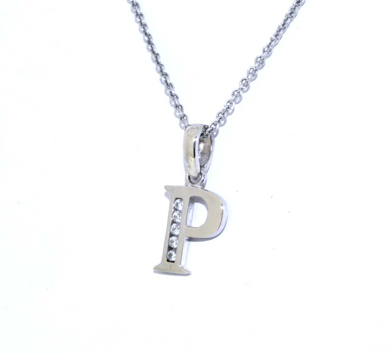 14K White Gold 16" CZ Initial "P" Necklace 32000462 | Shin Brothers* 14K White Gold 16" CZ Initial "P" Necklace 32000462 | Shin Brothers*