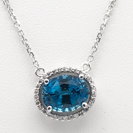 14K White Gold 3.38 carat Blue Topaz & Diamond Drop Necklace 52002105 | Shin Brothers*