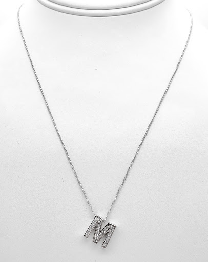 14K White Gold Diamond 'M' Initial Pendant with 18" Chain | Shin Brothers* 14K White Gold Diamond 'M' Initial Pendant with 18" Chain | Shin Brothers*