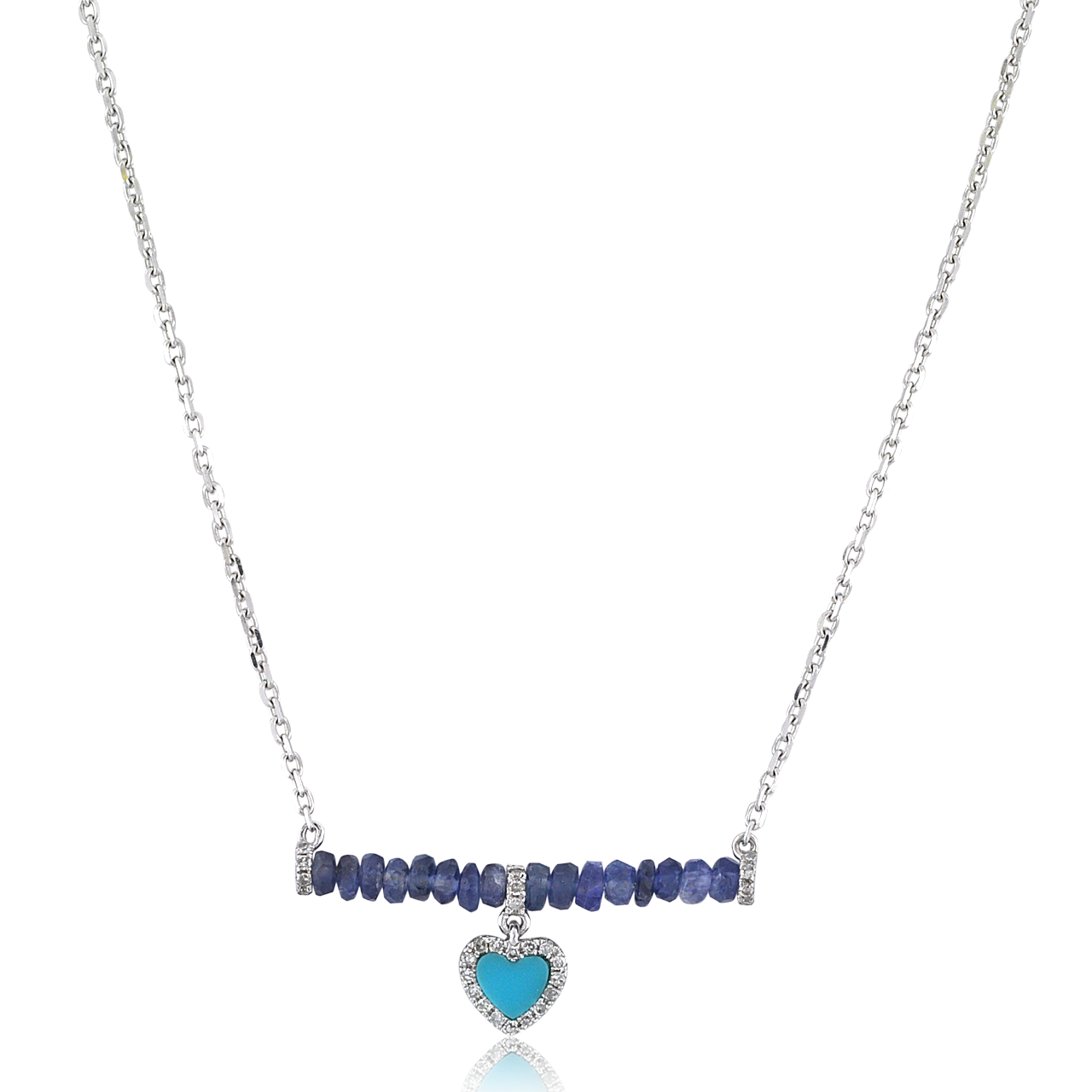 14K White Gold Diamond/Turquoise/Sapphire Heart Necklace 32000580 | Shin Brothers* 14K White Gold Diamond/Turquoise/Sapphire Heart Necklace 32000580 | Shin Brothers*