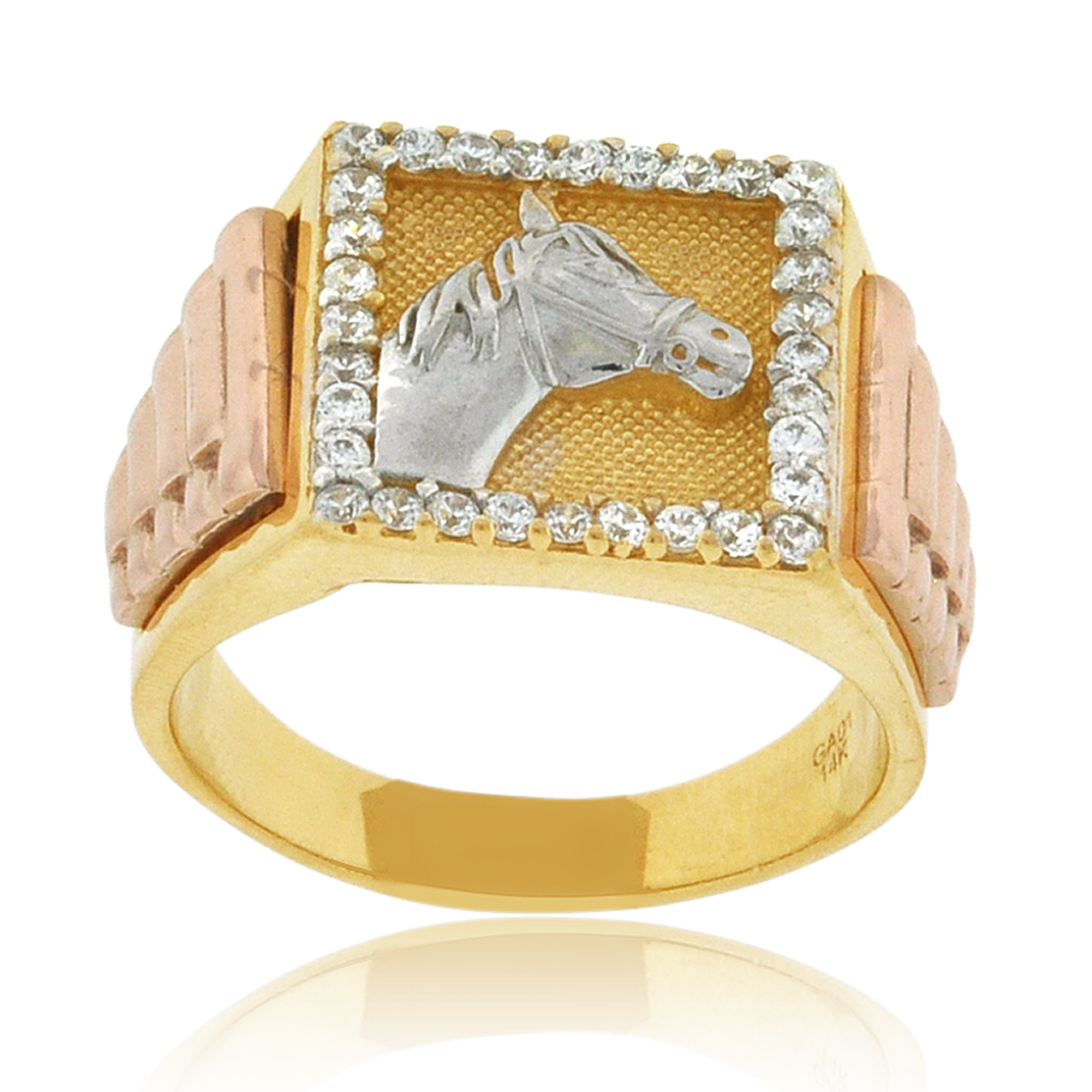 14K Tricolor Gold CZ Horse Ring 12002892 | Shin Brothers* 14K Tricolor Gold CZ Horse Ring 12002892 | Shin Brothers*