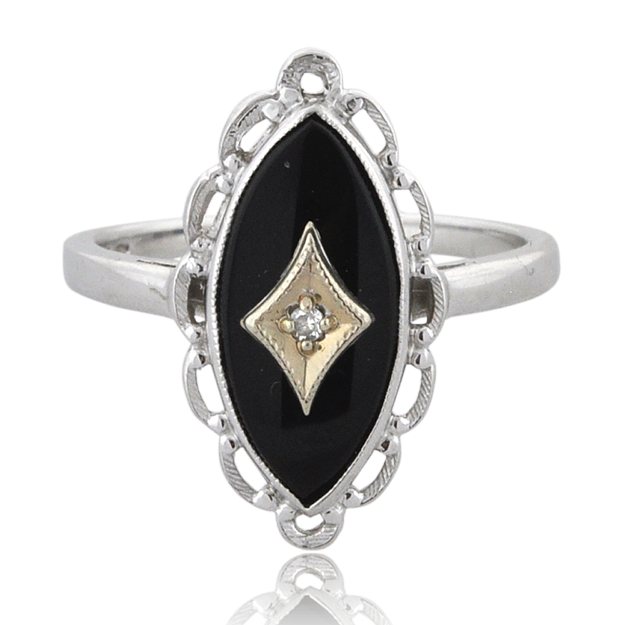 14K White Gold Ornate Marquise Onyx Ring with Diamond Accent 12002841 |  Shin Brothers*