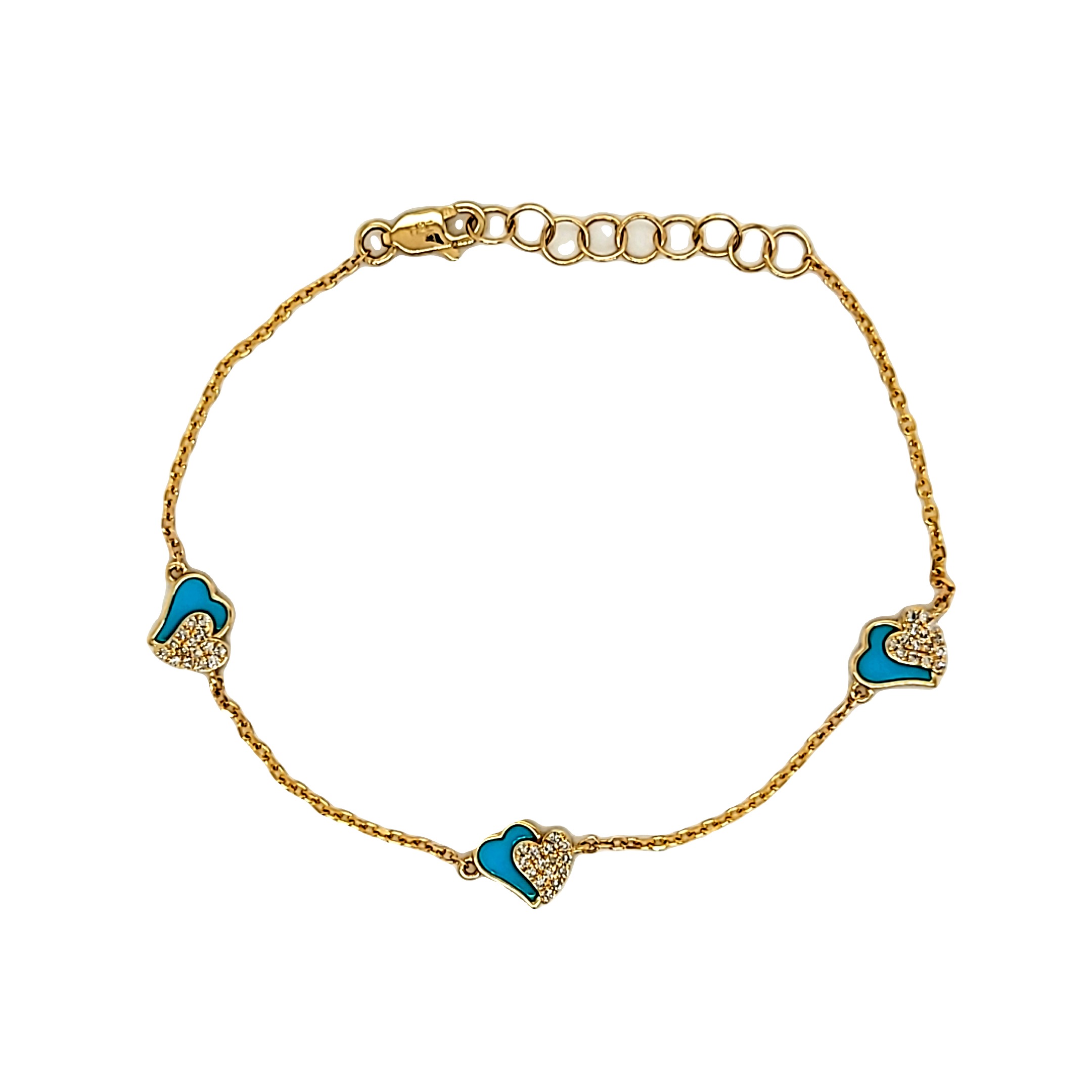 14K Yellow Gold Turquoise / Diamond Heart Bracelet 22000887 | Shin Brothers** 14K Yellow Gold Turquoise / Diamond Heart Bracelet 22000887 | Shin Brothers**