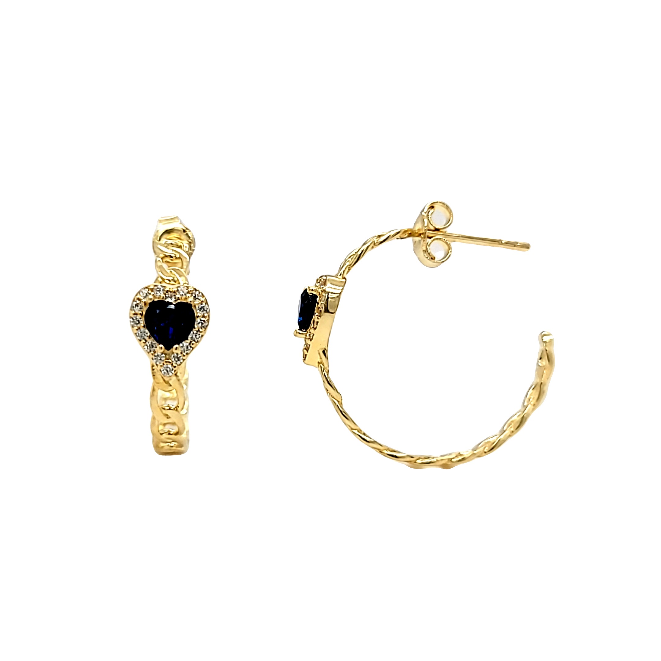 14K Yellow Gold Heart Cut Blue CZ Cable Link Half Hoop Earrings 42003311 | Shin Brothers* 14K Yellow Gold Heart Cut Blue CZ Cable Link Half Hoop Earrings 42003311 | Shin Brothers*