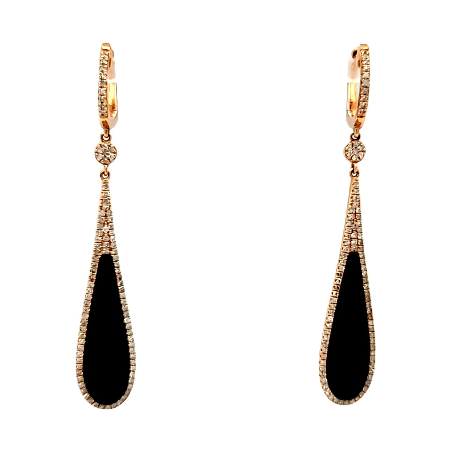 14k Pink Gold Diamond Onyx  Hanging Huggies Back Earrings 42003324  | Shin Brothers * 