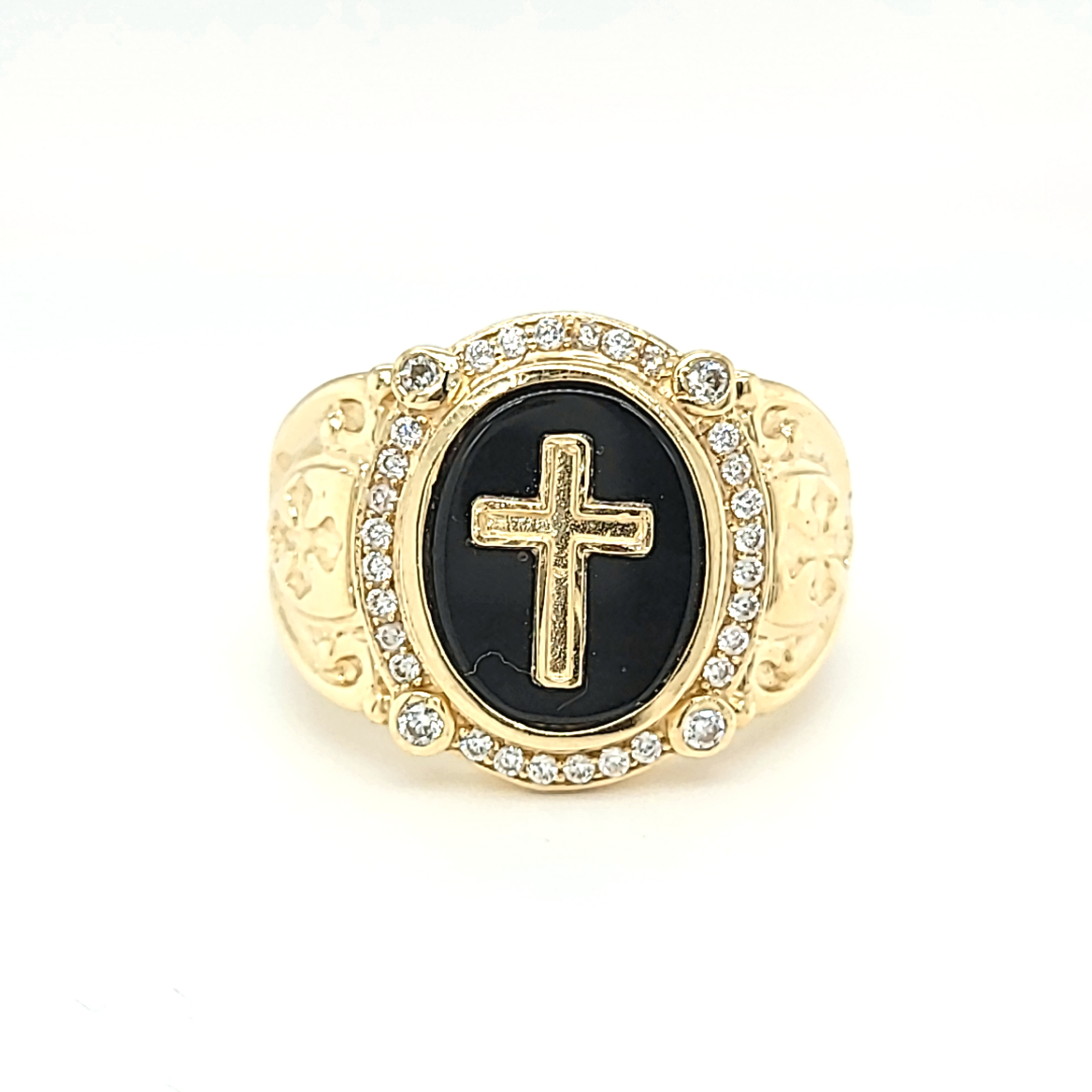 14K Yellow Gold Mens Cross Onyx Cubic Zirconia Ring 12003027 | Shin Brothers* 14K Yellow Gold Mens Cross Onyx Cubic Zirconia Ring 12003027 | Shin Brothers*
