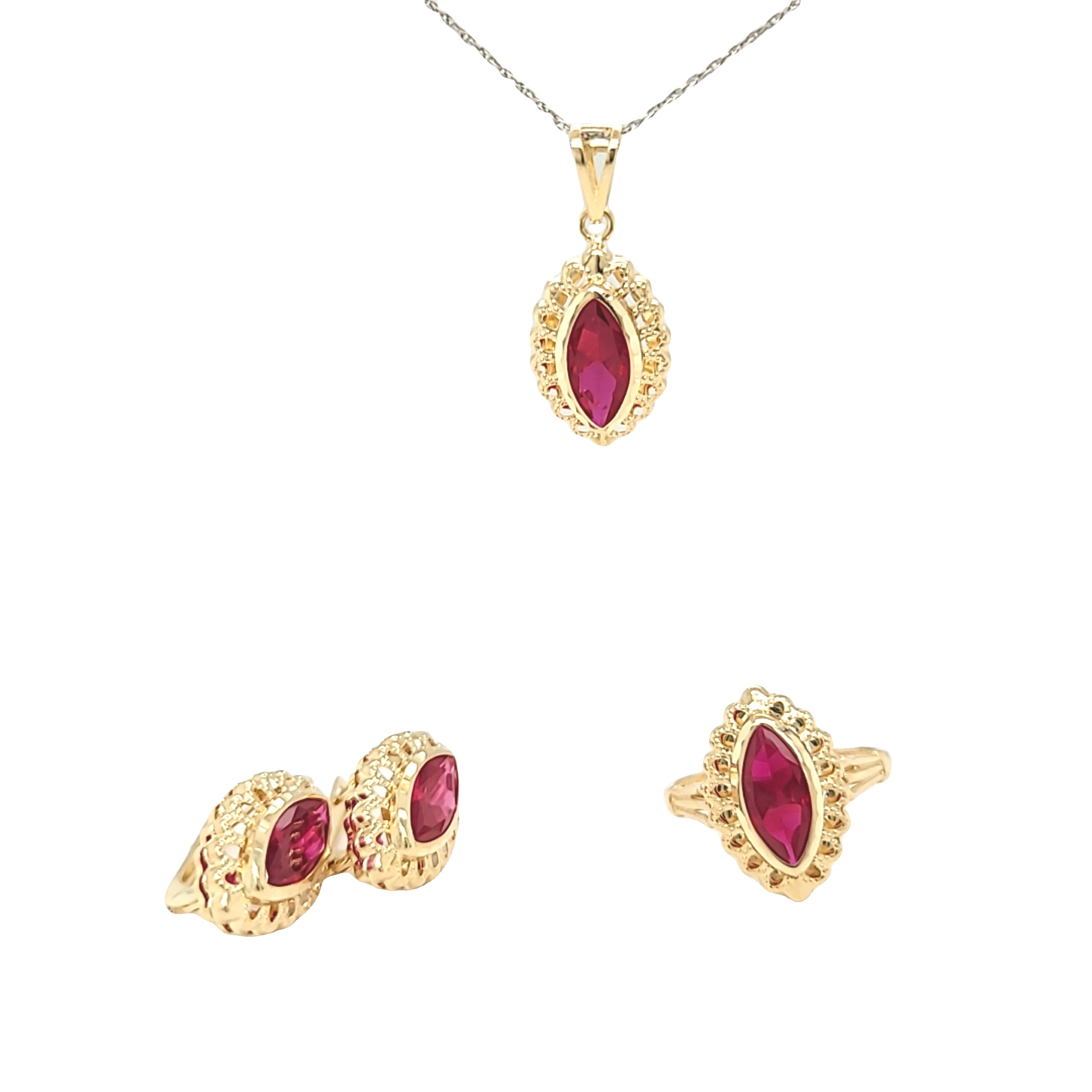 14K Yellow Gold Flower Red Cubic Zirconia 3-Piece Set w/ Earrings/Pendant/Ring 9510207 | Shin Brothers
