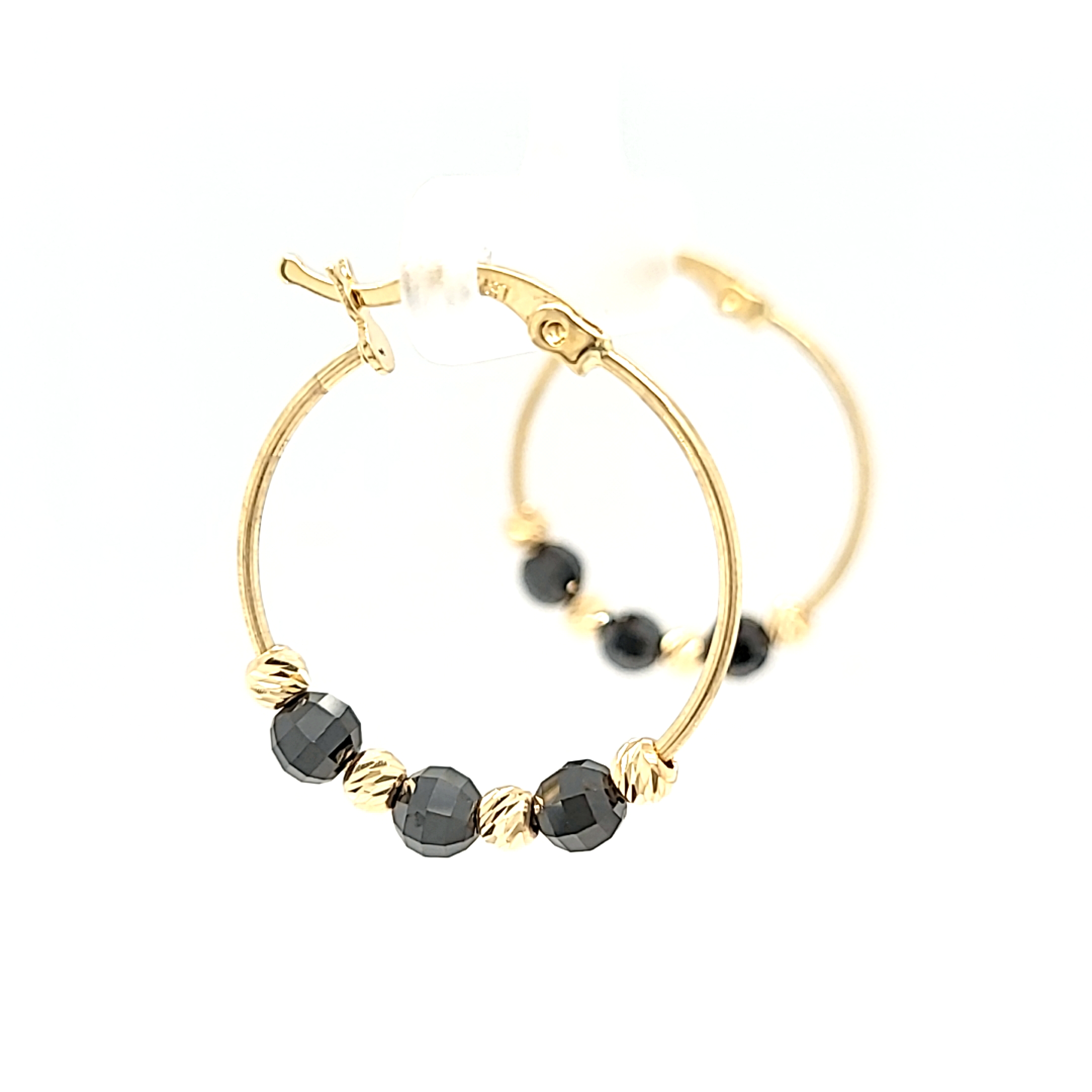 14K Yellow Gold Black Crystal Bead Hoop Earrings 42003336 | Shin Brothers* 14K Yellow Gold Black Crystal Bead Hoop Earrings 42003336 | Shin Brothers*
