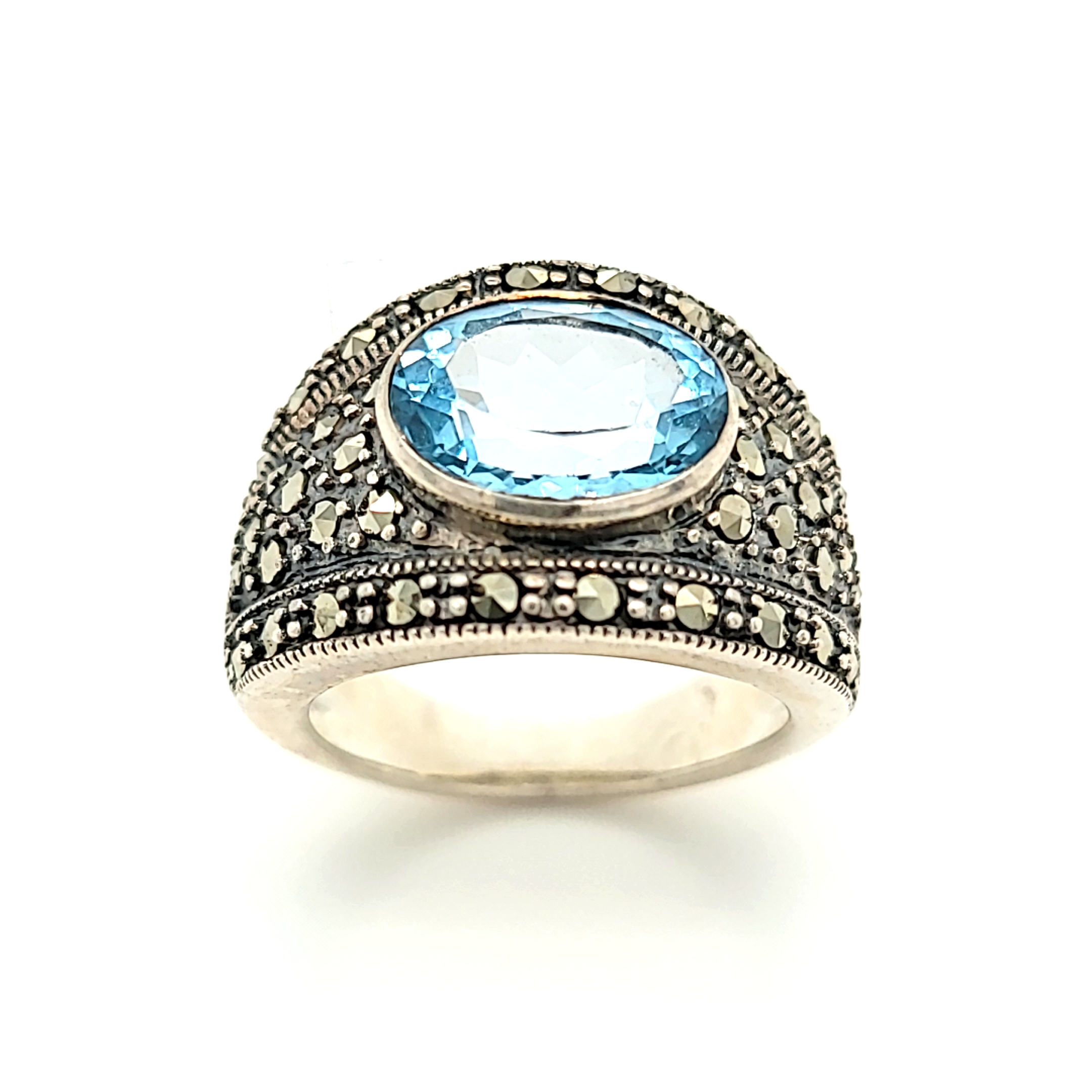 Sterling Silver Blue CZ / Marcasite Vintage Ring 82210172 | Shin Brothers* Sterling Silver Blue CZ / Marcasite Vintage Ring 82210172 | Shin Brothers*
