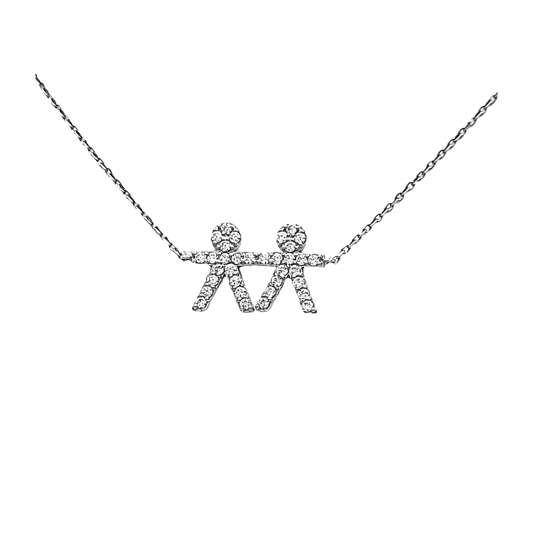 14K White Gold 2 Kids Charm Necklace w/ CZ stones 32000709 | Shin Brothers*