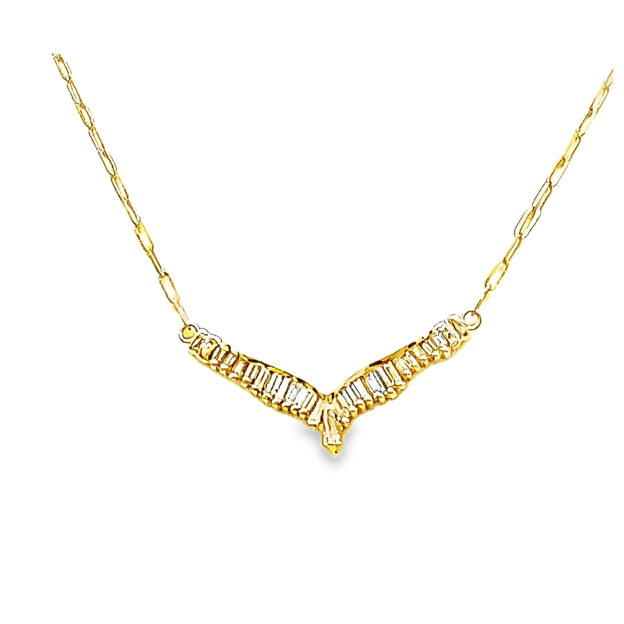 14K Yellow Gold Baguette Diamond V Shape 20" Necklace 31001197  | Shin Brothers