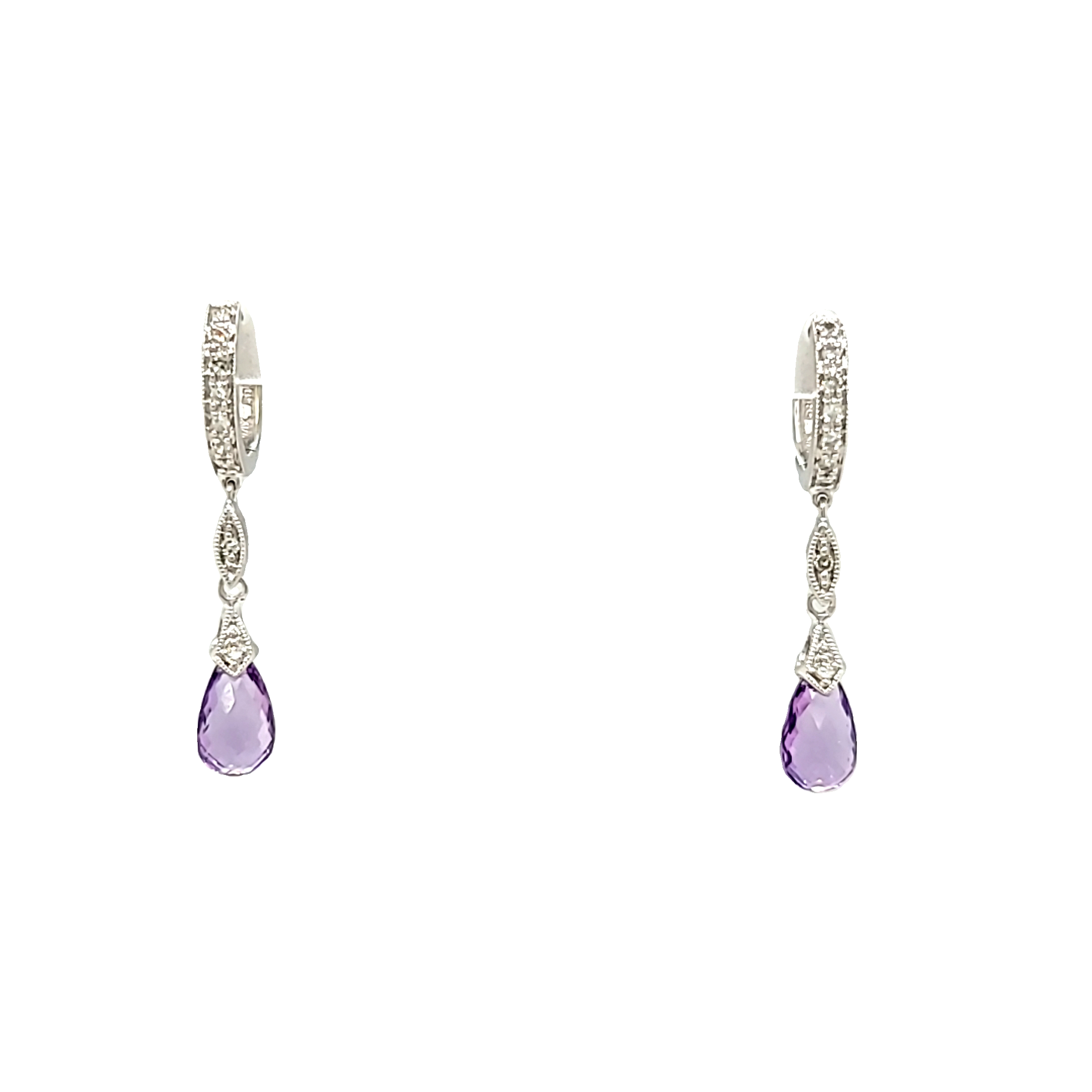14K White Gold Amethyst Drop / Diamond Huggie Earrings 42003368 | Shin Brothers*