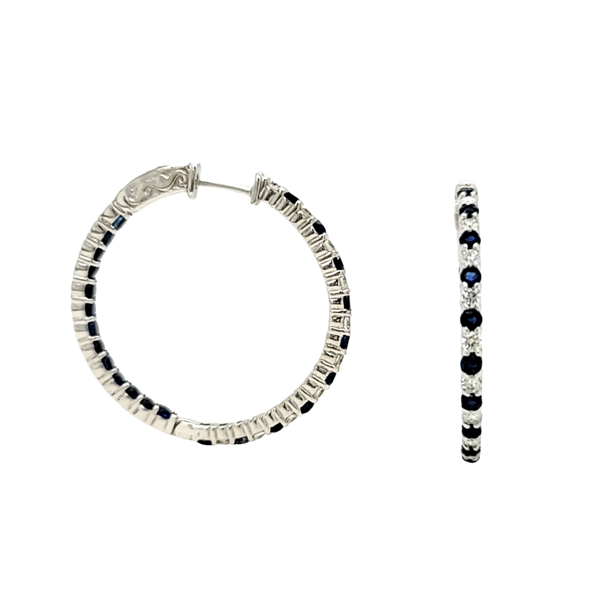 14K White Gold Diamond Sapphire Hoop Earrings 42003403 | Shin Brothers* 14K White Gold Diamond Sapphire Hoop Earrings 42003403 | Shin Brothers*