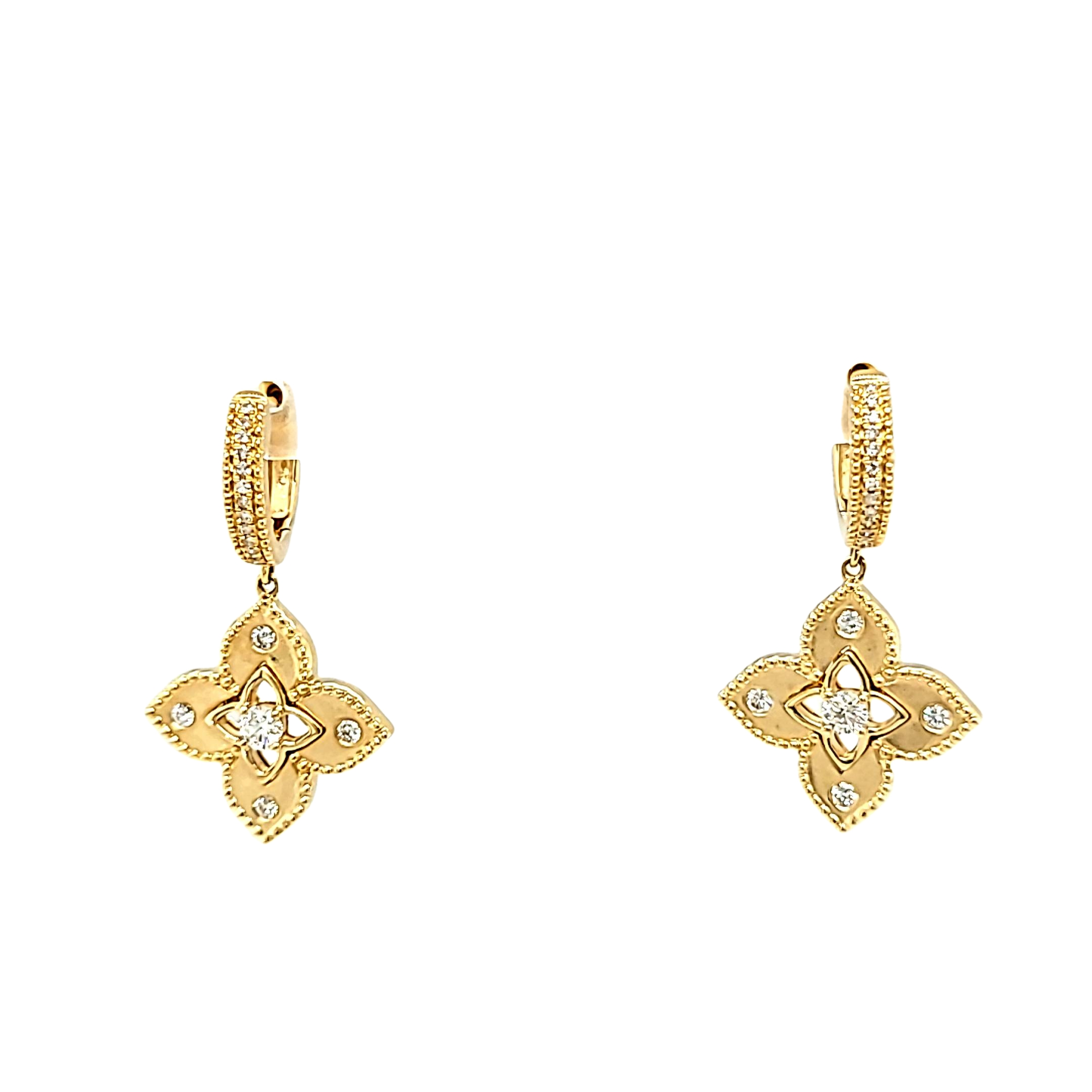 14K Yellow Gold Diamond Hanging Clover Huggie Earrings 41002706 | Shin Brothers* 14K Yellow Gold Diamond Hanging Clover Huggie Earrings 41002706 | Shin Brothers*