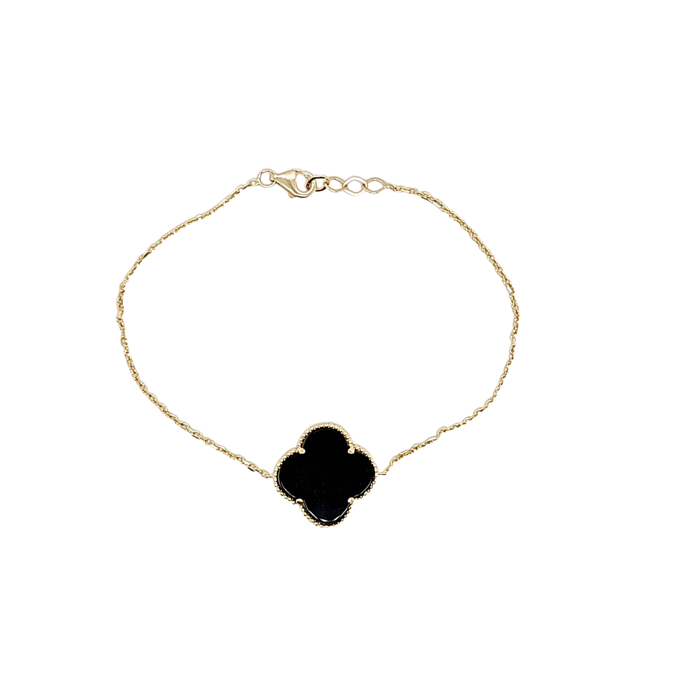 14K Yellow Gold Single Onyx Clover 8.5" Bracelet 22000966 | Shin Brothers* 14K Yellow Gold Single Onyx Clover 8.5" Bracelet 22000966 | Shin Brothers*