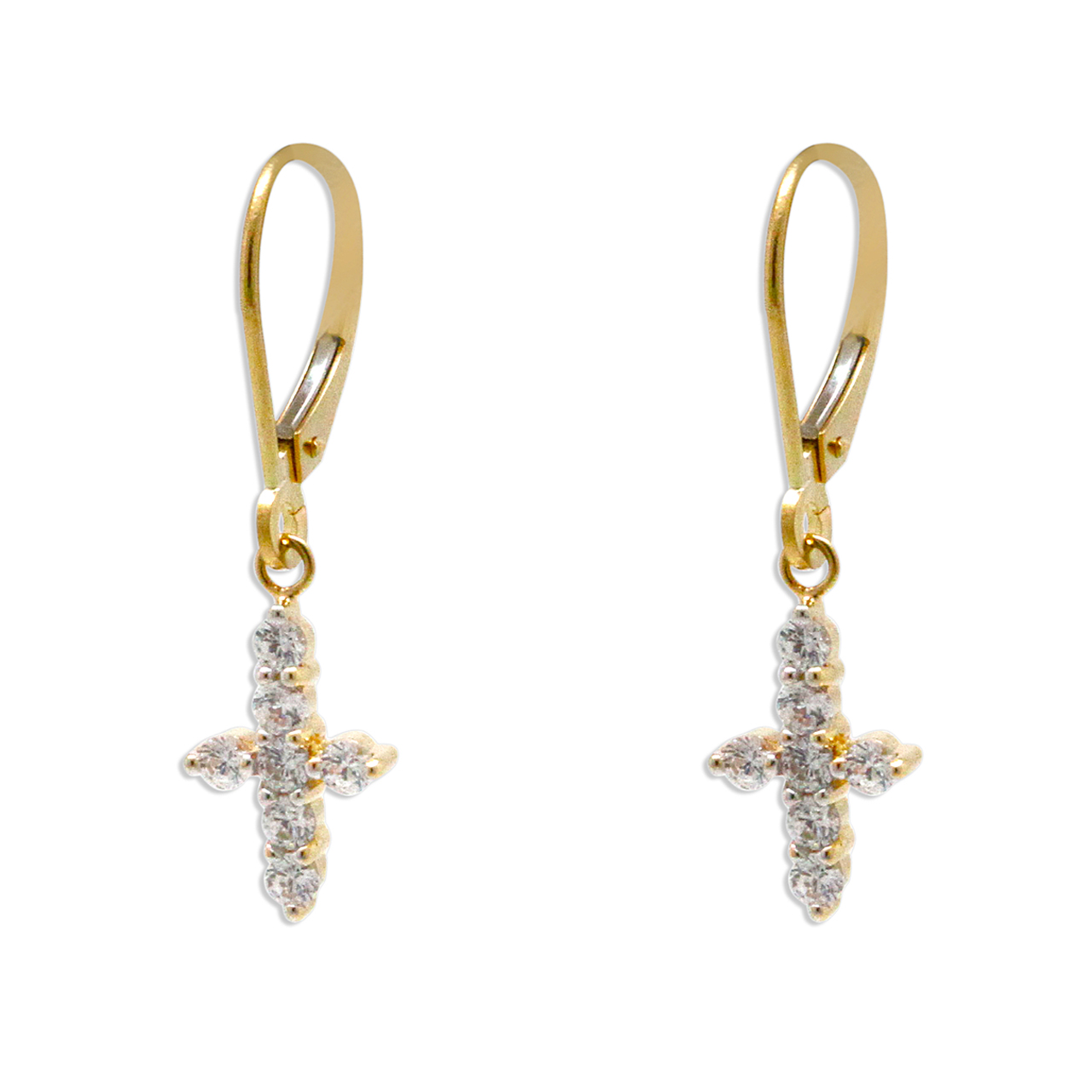 14K Yellow Gold Hanging CZ Cross Lever Back Earrings 42003004 | Shin Brothers*