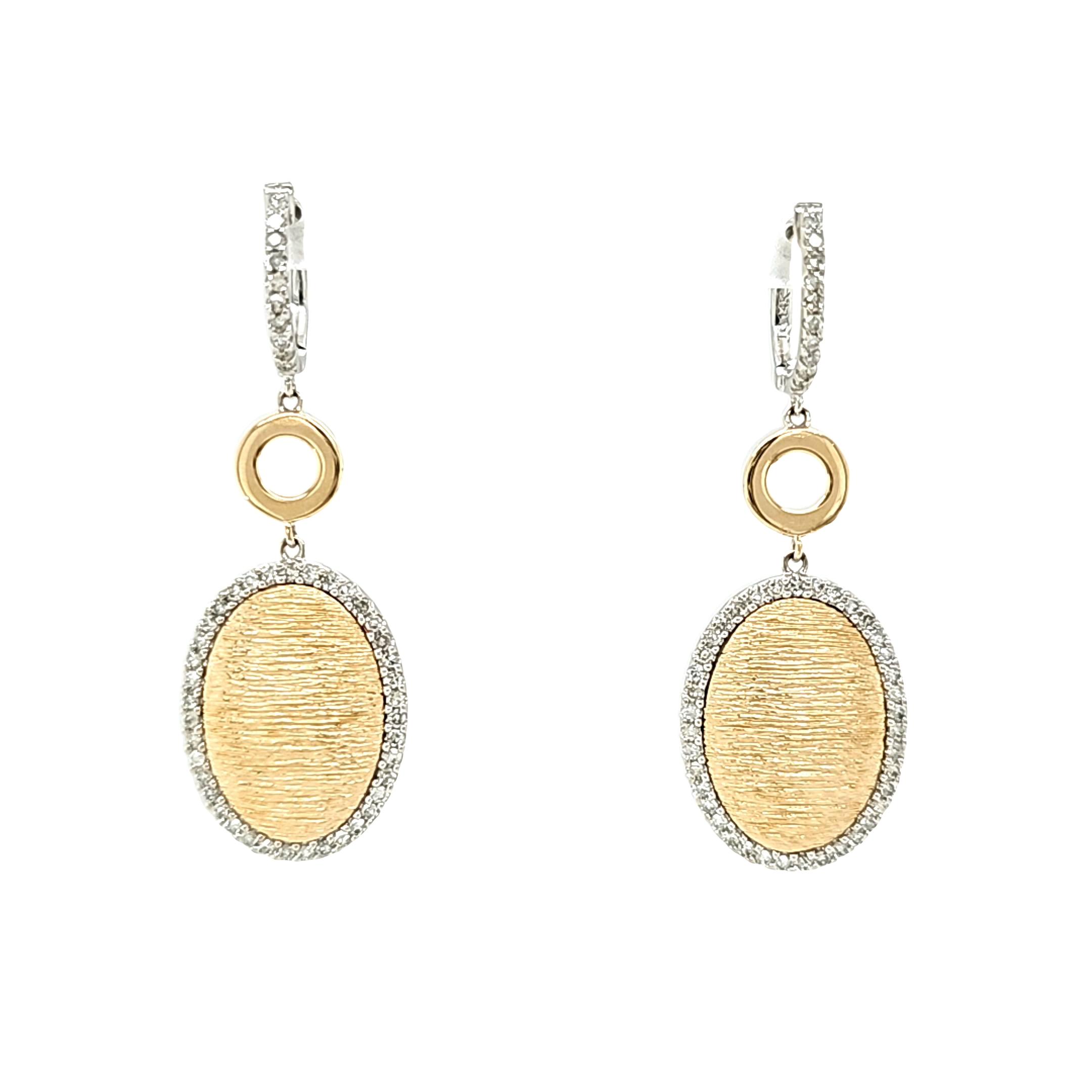 14K Two Tone Gold Textured Oval Drop Earrings with 1 ctw Diamonds 41002765 | Shin Brothers**