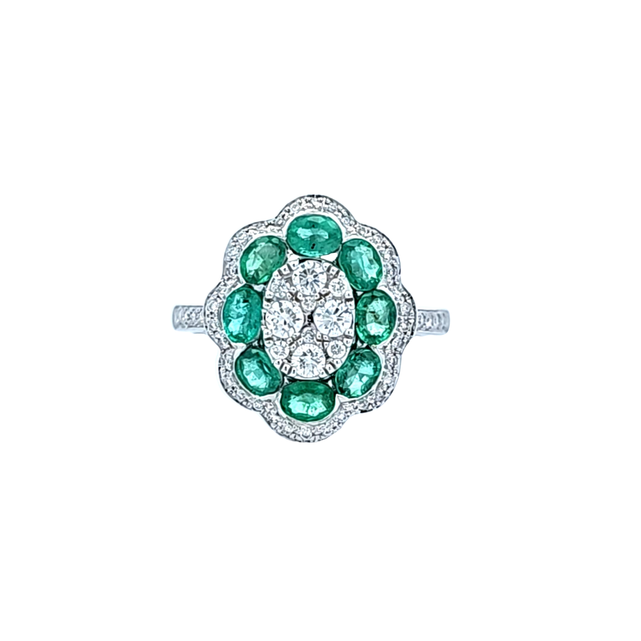14K White Gold Emerald Diamond Flower Ring 12003246 | Shin Brothers* 14K White Gold Emerald Diamond Flower Ring 12003246 | Shin Brothers*