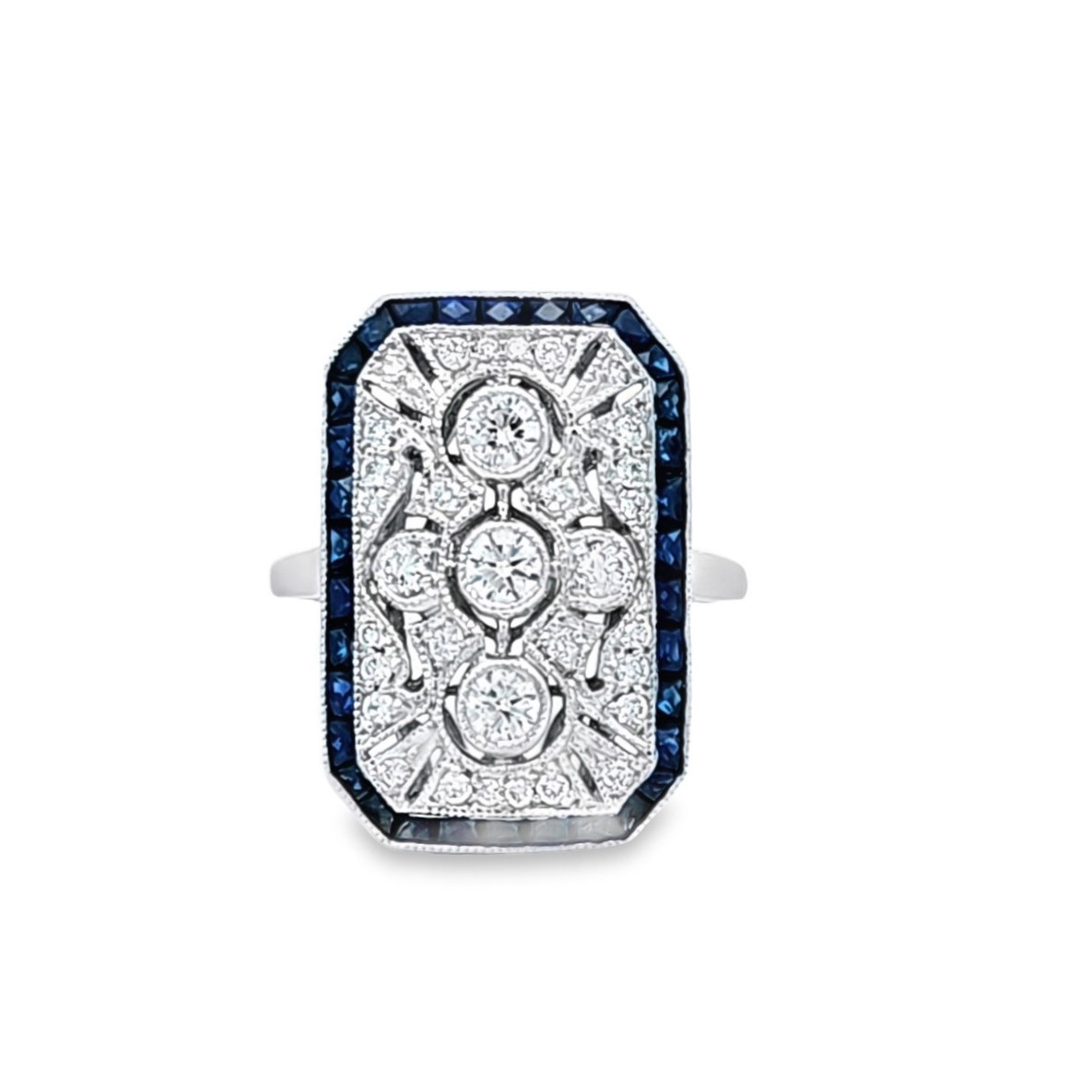 14K White Gold Diamond Sapphire Ornate Rectangular Ring 12003250 | Shin Brothers*